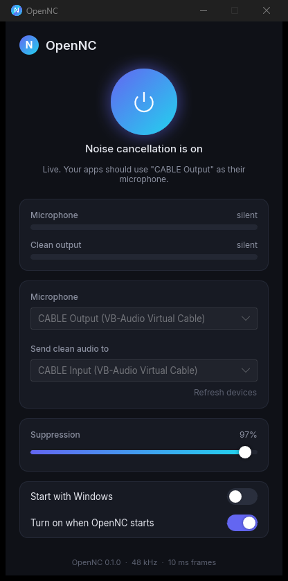 OpenNC window with noise cancellation on